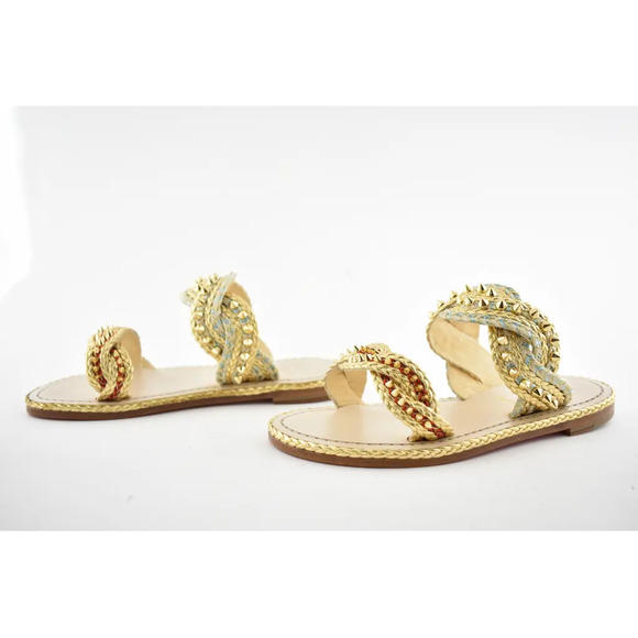 Christian Louboutin Normandie Flat Rope Gold Leather Spike Slip Slide Sandal 36 - Picture 9 of 11